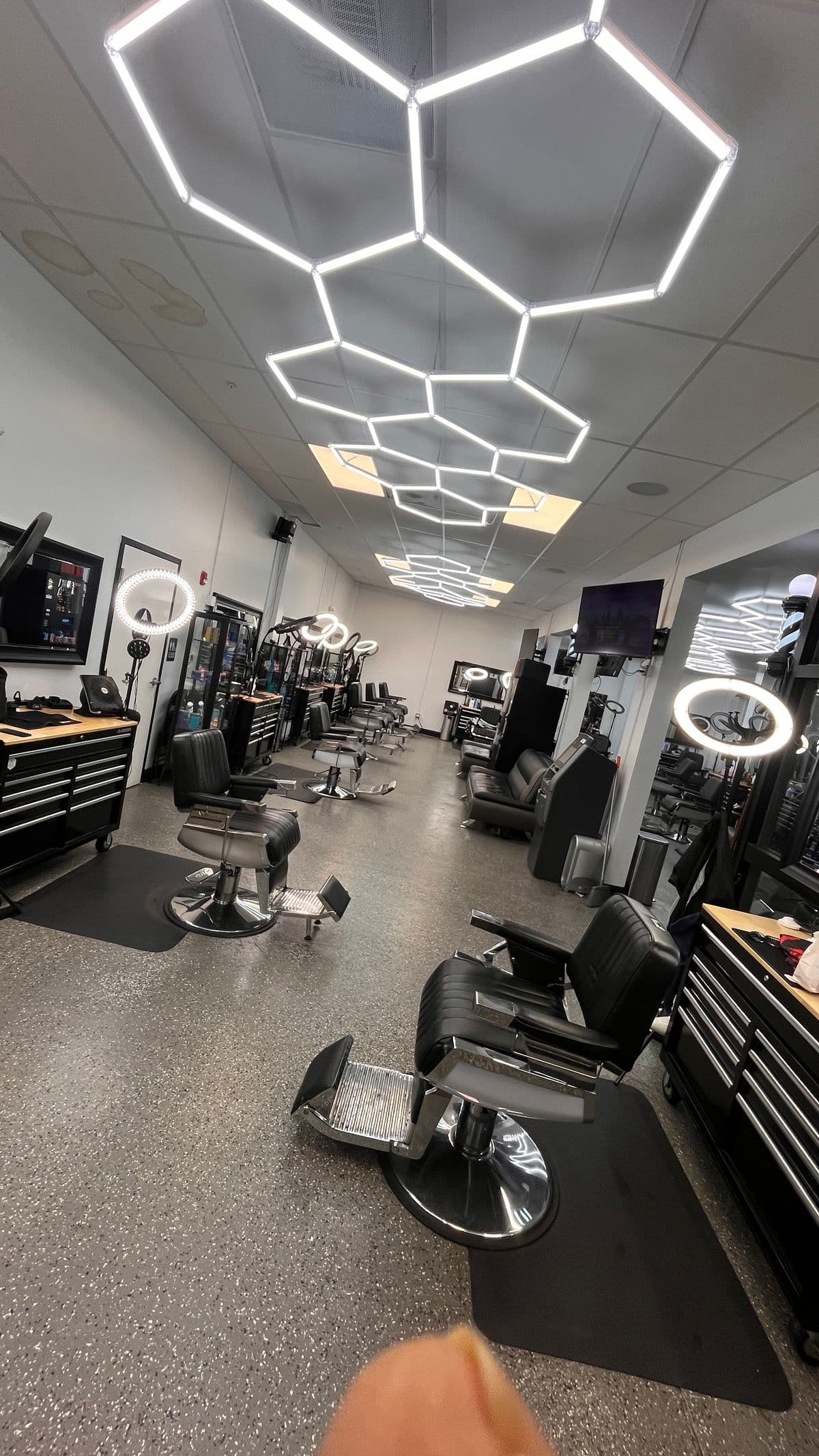 Full length view of the barbershop interior